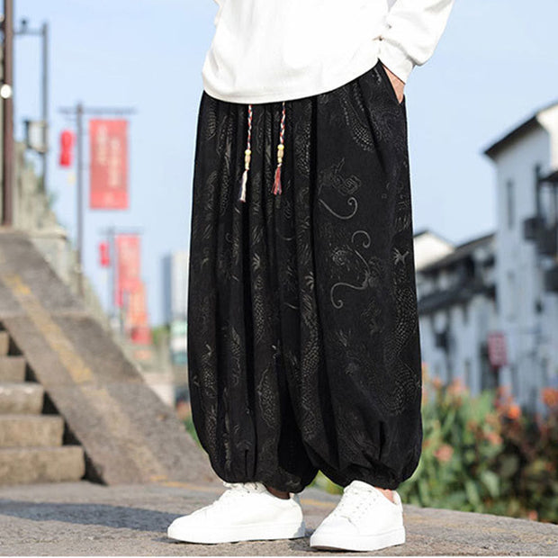 Buddha Stones Dragon Design Casual Plain Cotton Men's Pants With Pockets Men's Pants BS 14