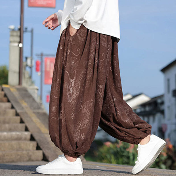 Buddha Stones Dragon Design Casual Plain Cotton Men's Pants With Pockets