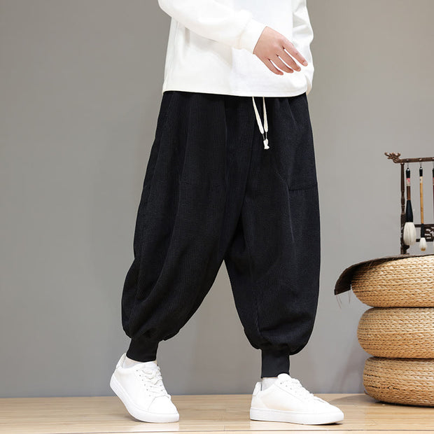 Buddha Stones Casual Plain Cotton Men's Harem Pants With Pockets Men's Harem Pants BS Black US/UK/AU46，EU56 (5XL)