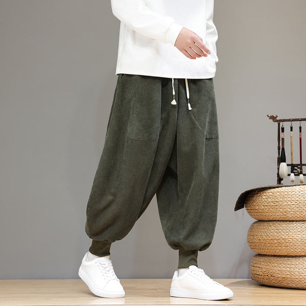 Buddha Stones Casual Plain Cotton Men's Harem Pants With Pockets Men's Harem Pants BS DarkOliveGreen US/UK/AU46，EU56 (5XL)