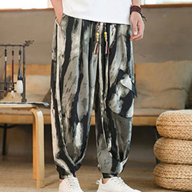 Buddha Stones Ice Silk Drop Ink Tie-dye Gradient Stripes Casual Cotton Men's Pants With Pockets