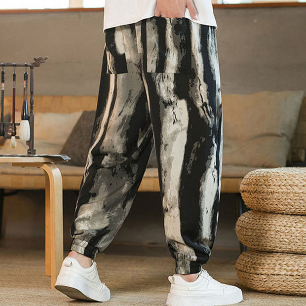 Buddha Stones Ice Silk Drop Ink Tie-dye Gradient Stripes Casual Cotton Men's Pants With Pockets