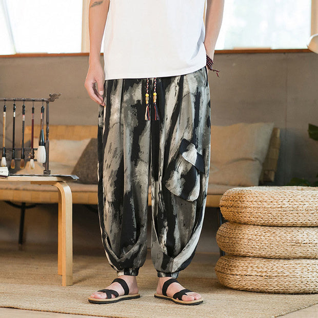 Buddha Stones Ice Silk Drop Ink Tie-dye Gradient Stripes Casual Cotton Men's Pants With Pockets