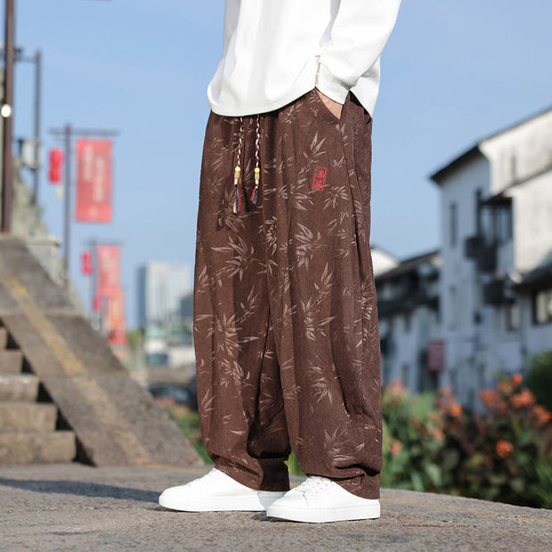 Buddha Stones Embroider Leaves Casual Cotton Men's Pants With Pockets