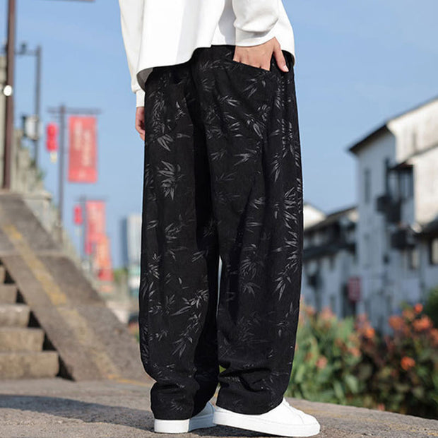 Buddha Stones Embroider Leaves Casual Cotton Men's Pants With Pockets