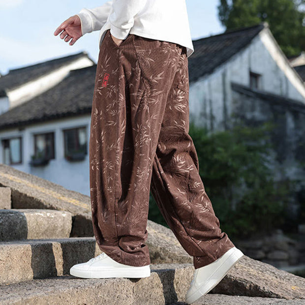 Buddha Stones Embroider Leaves Casual Cotton Men's Pants With Pockets Men's Pants BS 20