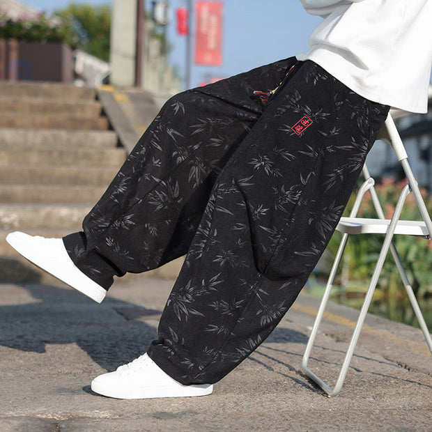 Buddha Stones Embroider Leaves Casual Cotton Men's Pants With Pockets Men's Pants BS 7