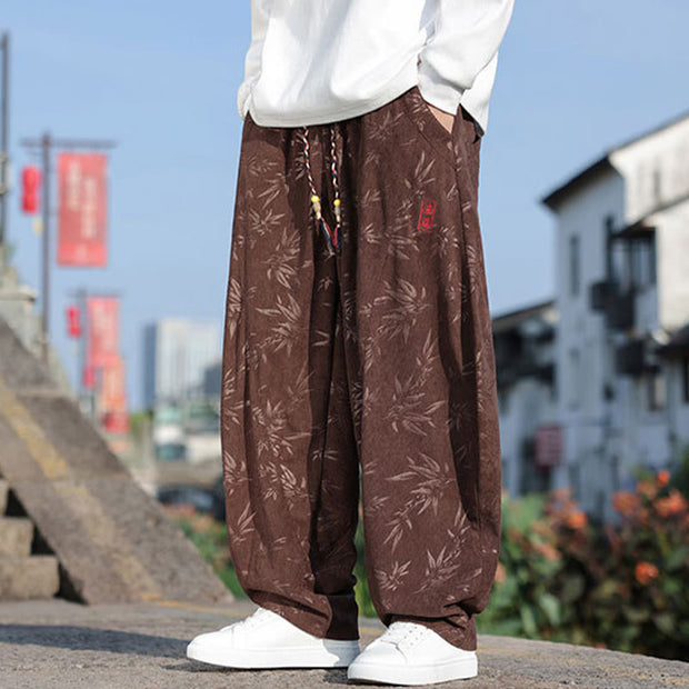 Buddha Stones Embroider Leaves Casual Cotton Men's Pants With Pockets Men's Pants BS 14