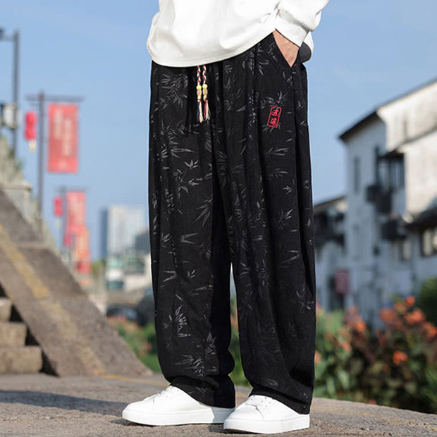 Buddha Stones Embroider Leaves Casual Cotton Men's Pants With Pockets Men's Pants BS 3