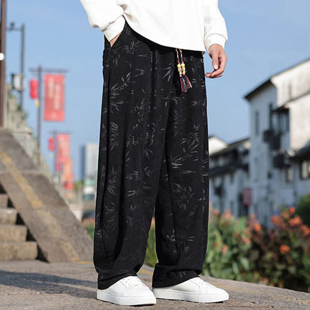 Buddha Stones Embroider Leaves Casual Cotton Men's Pants With Pockets