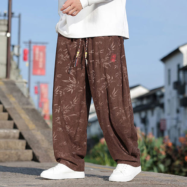 Buddha Stones Embroider Leaves Casual Cotton Men's Pants With Pockets Men's Pants BS SaddleBrown US/UK/AU46，EU56 (5XL)