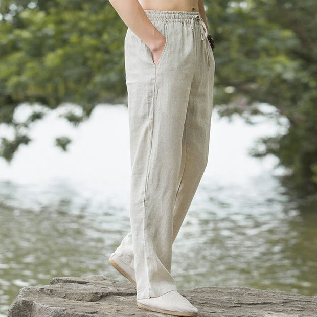 Buddha Stones Solid Color Linen Men's Wide Leg Pants With Pockets