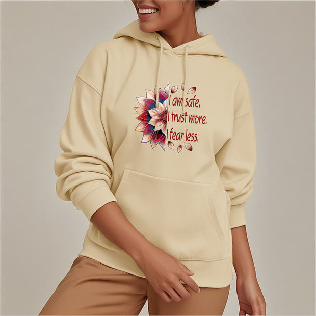 Buddha Stones I Am Safe I Trust More I Fear Less Lotus Polyester Fleece Lined Hoodie