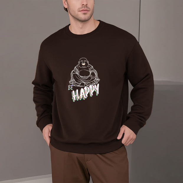 Buddha Stones Cotton HAPPY Round Neck Fleece Lined Sweatshirt