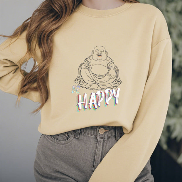 Buddha Stones Cotton HAPPY Round Neck Fleece Lined Sweatshirt