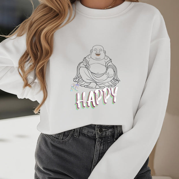 Buddha Stones Cotton HAPPY Round Neck Fleece Lined Sweatshirt