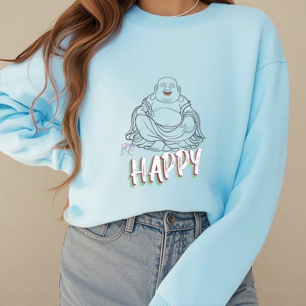 Buddha Stones Cotton HAPPY Round Neck Fleece Lined Sweatshirt