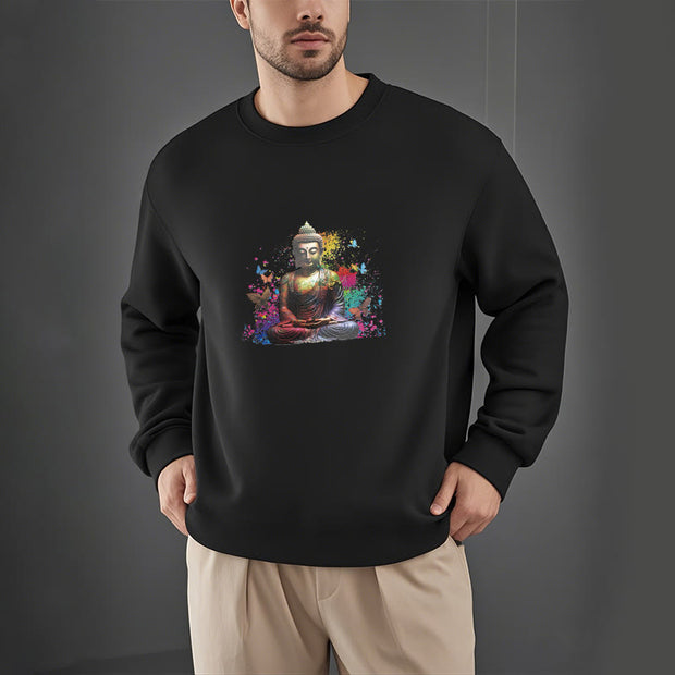 Buddha Stones Colorful Butterfly Flying Meditation Buddha Fleece Lined Polyester Sweatshirt