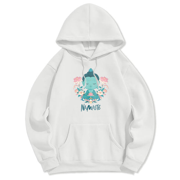 Buddha Stones NAMASTE Buddha Lotus Meditation Fleece Lined Polyester Hoodie Hoodie BS White Green NAMASTE 2XL