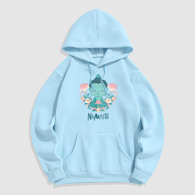 Buddha Stones NAMASTE Buddha Lotus Meditation Fleece Lined Polyester Hoodie Hoodie BS LightCyan Green NAMASTE 2XL