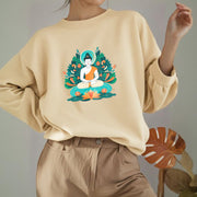 Buddha Stones Lotus Buddha Round Neck Fleece Lined Sweatshirt Sweatshirt BS 11