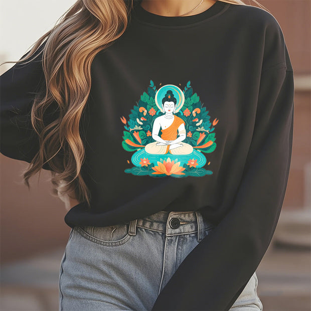 Buddha Stones Lotus Buddha Round Neck Fleece Lined Sweatshirt