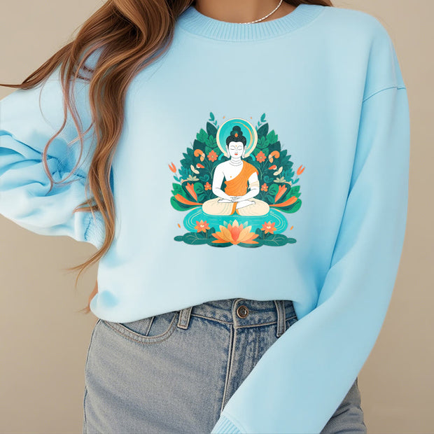 Buddha Stones Lotus Buddha Round Neck Fleece Lined Sweatshirt Sweatshirt BS 16