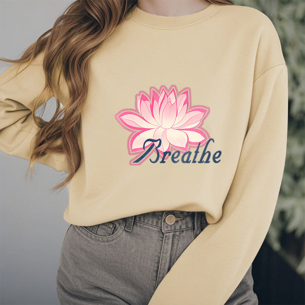 Buddha Stones BREATHE Lotus Round Neck Fleece Lined Sweatshirt Sweatshirt BS 16