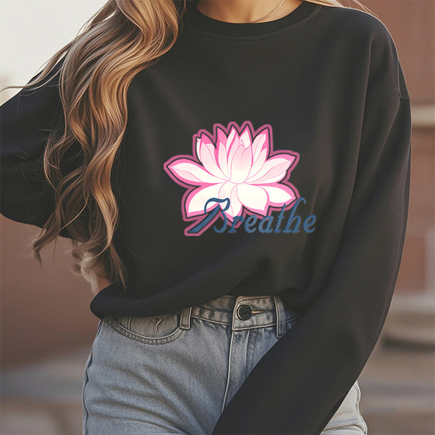 Buddha Stones BREATHE Lotus Round Neck Fleece Lined Sweatshirt Sweatshirt BS 24