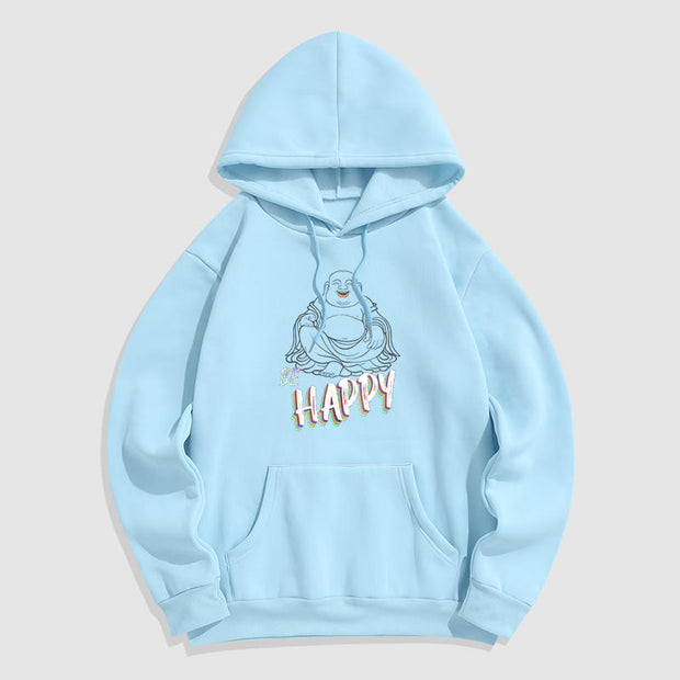 Buddha Stones BE HAPPY Laughing Buddha Fleece Lined Polyester Hoodie Hoodie BS LightCyan 2XL