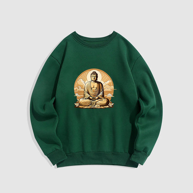 Buddha Stones Sun Auspicious Clouds Buddha Round Neck Fleece Lined Sweatshirt