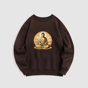 Buddha Stones Sun Auspicious Clouds Buddha Round Neck Fleece Lined Sweatshirt Sweatshirt BS SaddleBrown XXL