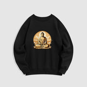 Buddha Stones Sun Auspicious Clouds Buddha Round Neck Fleece Lined Sweatshirt Sweatshirt BS Black XXL