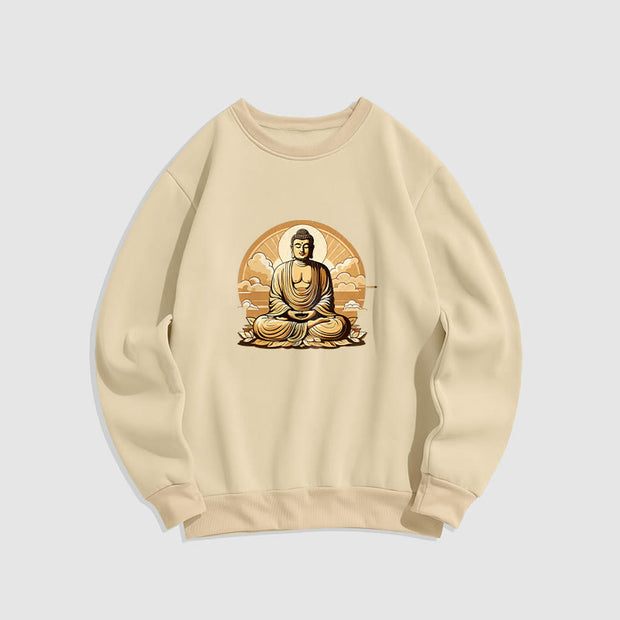 Buddha Stones Sun Auspicious Clouds Buddha Round Neck Fleece Lined Sweatshirt