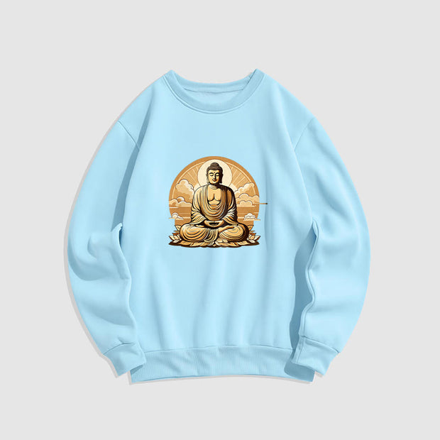 Buddha Stones Sun Auspicious Clouds Buddha Round Neck Fleece Lined Sweatshirt Sweatshirt BS LightCyan XXL