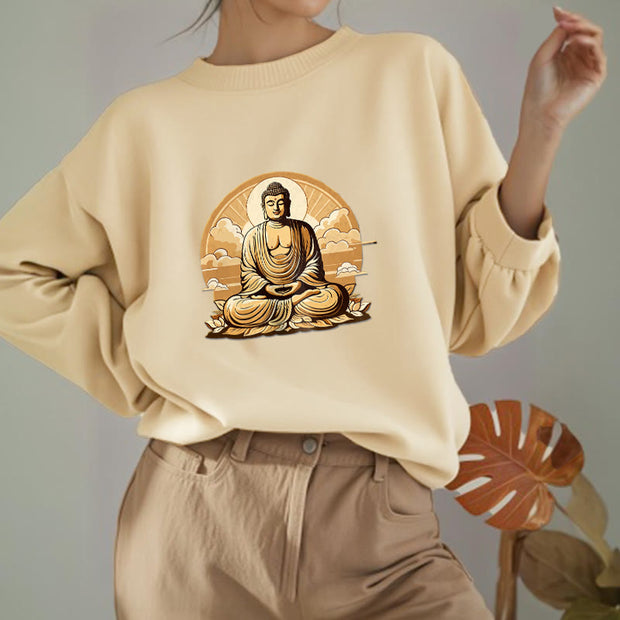 Buddha Stones Sun Auspicious Clouds Buddha Round Neck Fleece Lined Sweatshirt Sweatshirt BS 19