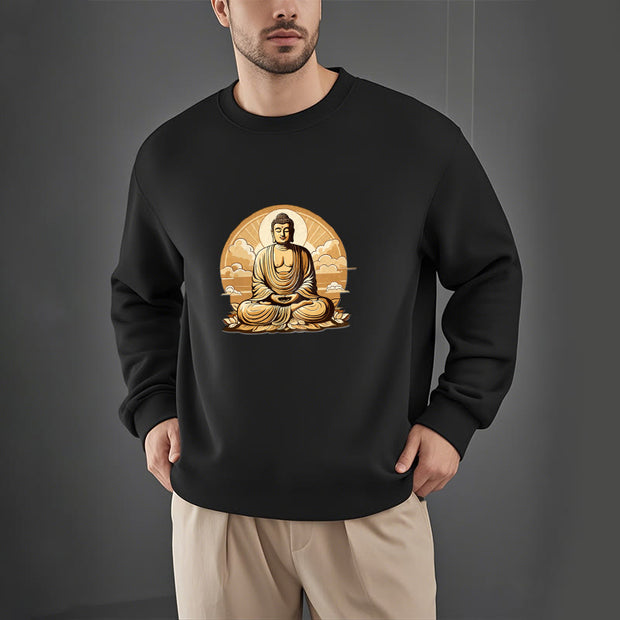 Buddha Stones Sun Auspicious Clouds Buddha Round Neck Fleece Lined Sweatshirt