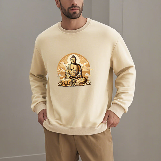 Buddha Stones Sun Auspicious Clouds Buddha Round Neck Fleece Lined Sweatshirt