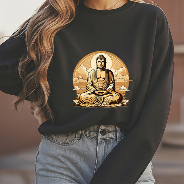 Buddha Stones Sun Auspicious Clouds Buddha Round Neck Fleece Lined Sweatshirt Sweatshirt BS 28