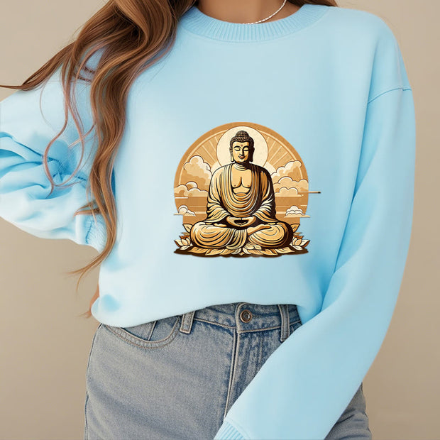 Buddha Stones Sun Auspicious Clouds Buddha Round Neck Fleece Lined Sweatshirt