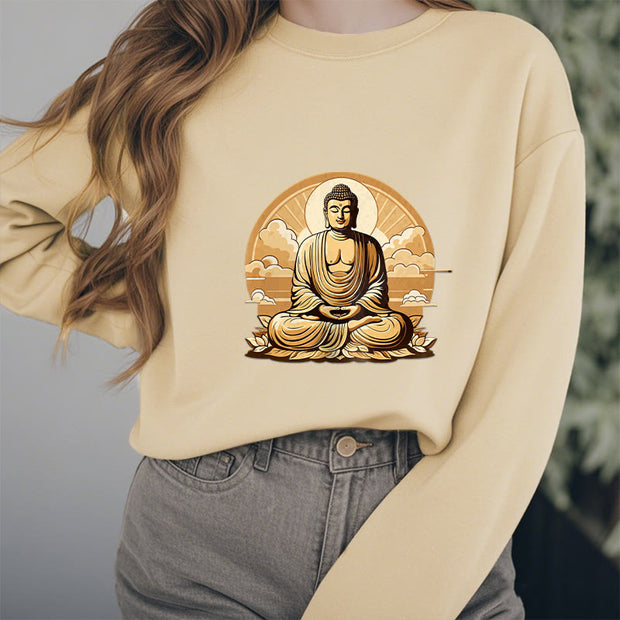 Buddha Stones Sun Auspicious Clouds Buddha Round Neck Fleece Lined Sweatshirt Sweatshirt BS 20