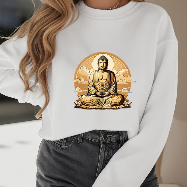 Buddha Stones Sun Auspicious Clouds Buddha Round Neck Fleece Lined Sweatshirt Sweatshirt BS 11