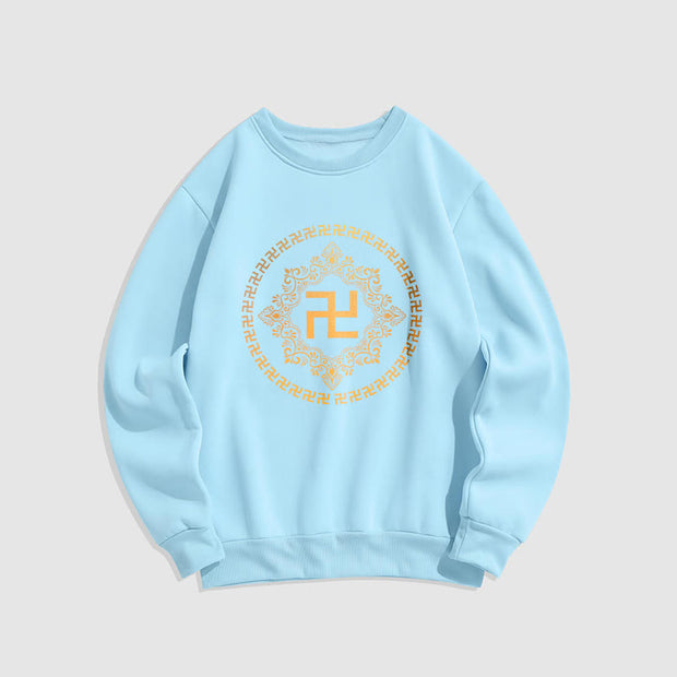 Buddha Stones Swastika Fleece Lined Polyester Sweatshirt Sweatshirt BS LightCyan 2XL