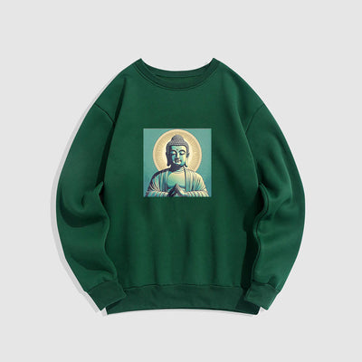 Buddha Stones Aura Green Buddha Round Neck Fleece Lined Sweatshirt Sweatshirt BS ForestGreen XXL