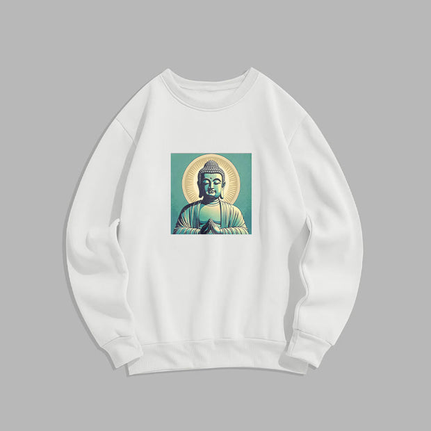 Buddha Stones Aura Green Buddha Round Neck Fleece Lined Sweatshirt Sweatshirt BS White XXL