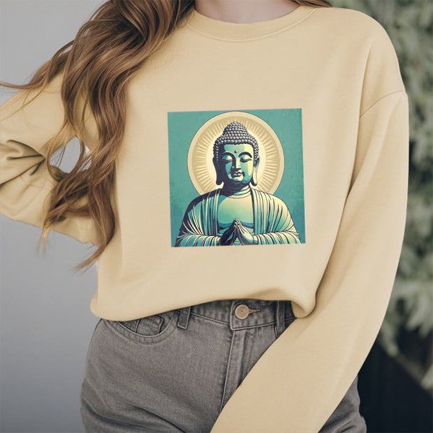 Buddha Stones Aura Green Buddha Round Neck Fleece Lined Sweatshirt Sweatshirt BS 12