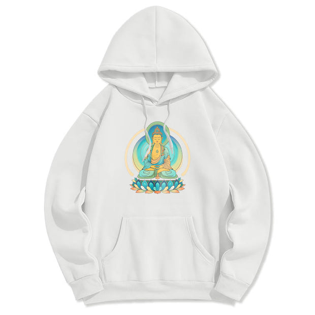 Buddha Stones Lotus Buddha Fleece Lined Polyester Hoodie Hoodie BS White 2XL