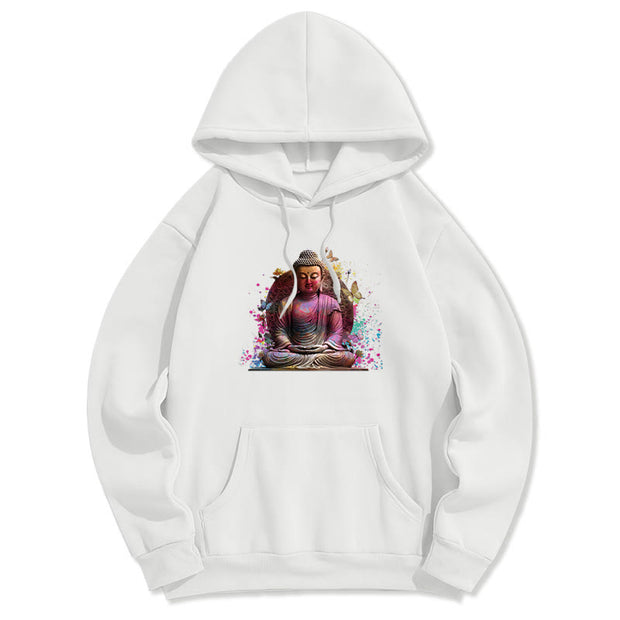 Buddha Stones Butterfly Meditation Buddha Polyester Fleece Lined Hoodie Hoodie BS White 2XL