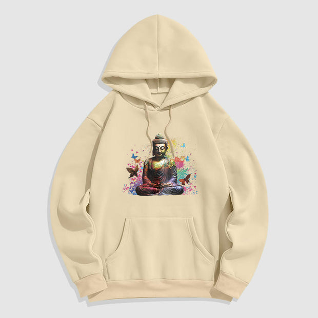 Buddha Stones Colorful Butterfly Flying Meditation Buddha Polyester Fleece Lined Hoodie Hoodie BS Bisque 2XL