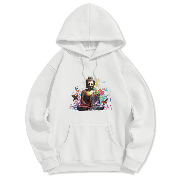 Buddha Stones Colorful Butterfly Flying Meditation Buddha Polyester Fleece Lined Hoodie Hoodie BS White 2XL